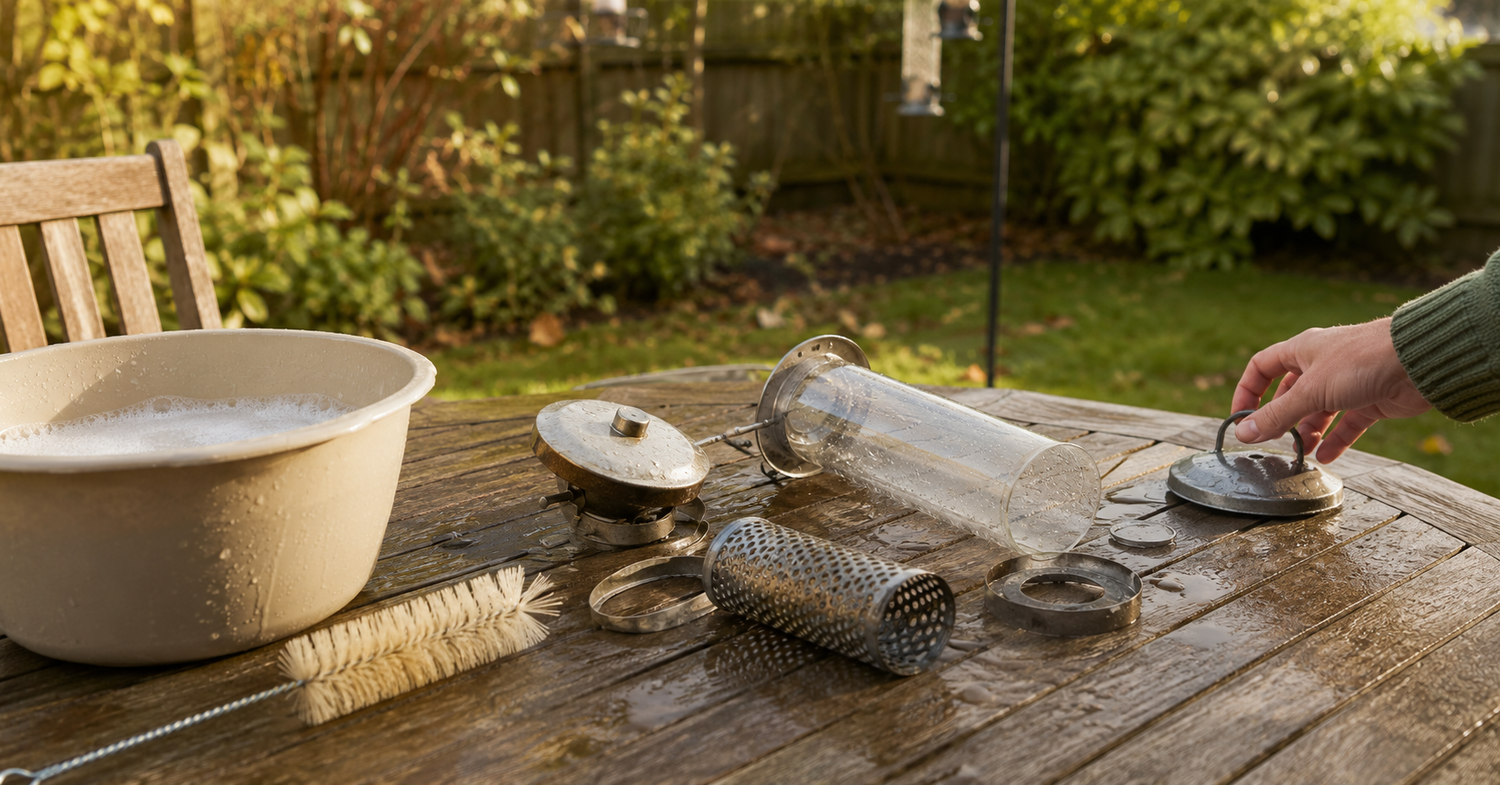 A bird feeder taken apart and drying in the sun on a garden table beside a cleaning brush and bucket.