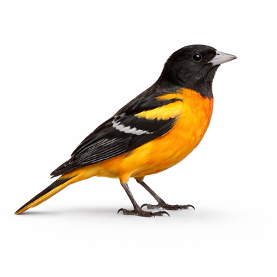 Bird with black, orange, and white plumage on a white background