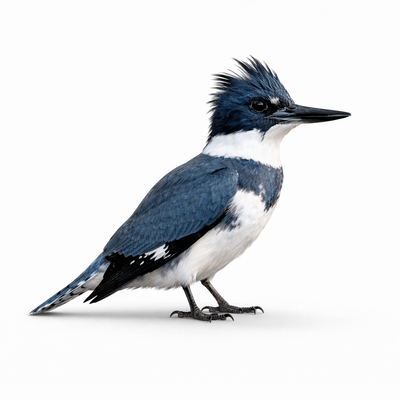 Blue and white bird with a black beak on a white background