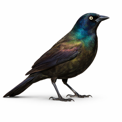 Bird with iridescent plumage on a white background