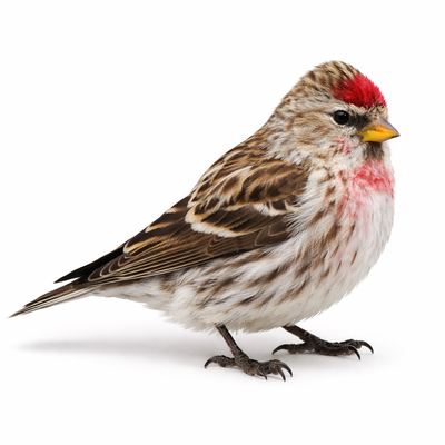 Small bird with a red patch on its head against a white background