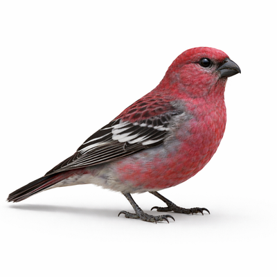 Red bird with black and white markings on a white background