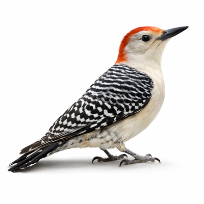 Woodpecker with black and white pattern on a white background
