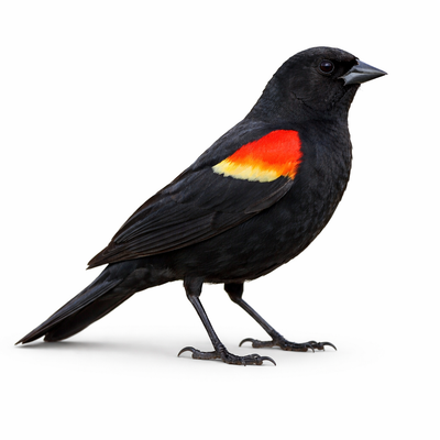 Black bird with a red and yellow patch on its wing against a white background