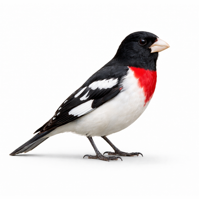 Bird with black, white, and red plumage on a white background