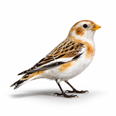 Bird with white, brown, and black plumage on a white background