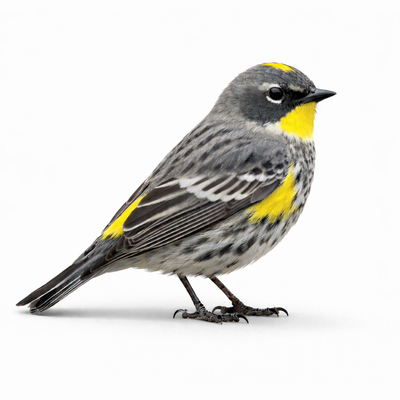 Bird with gray, black, and yellow plumage on a white background