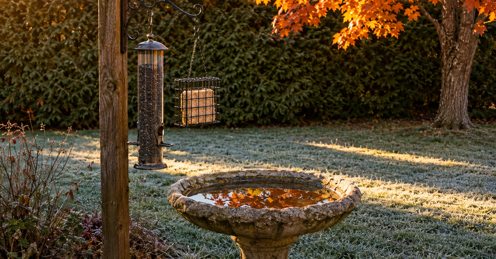 A backyard feeding station with full feeders and a birdbath on a frosty early-autumn morning, small birds arriving.