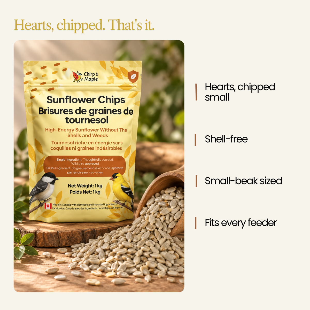 Sunflower Chips for Wild Birds – Shell-Free Black Oil Sunflower Kernels