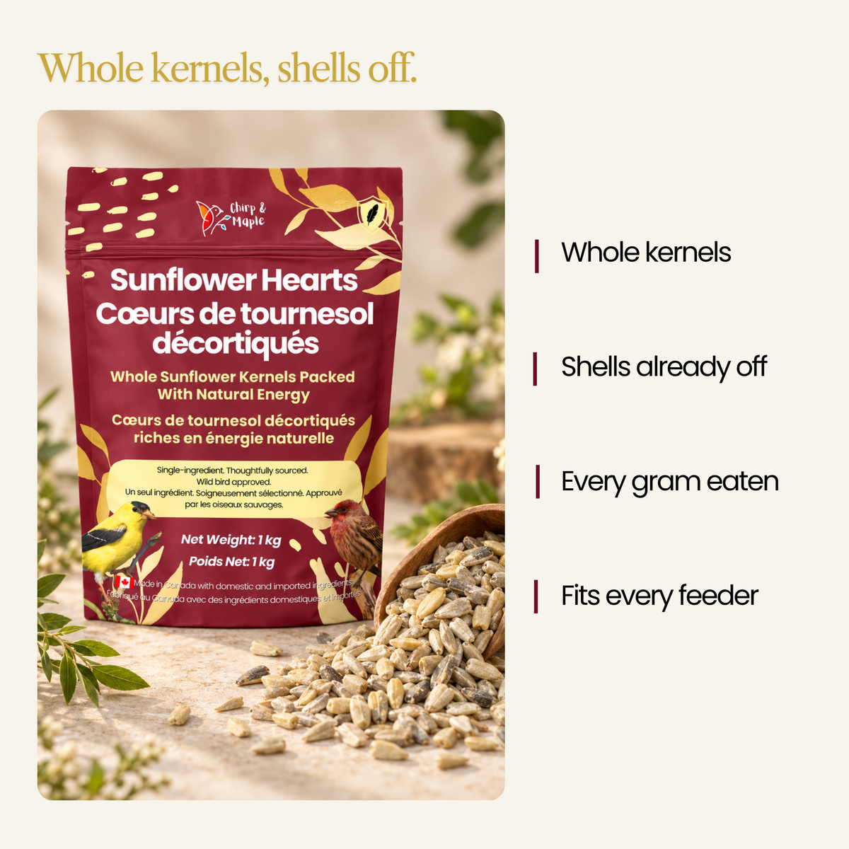 Sunflower Hearts for Wild Birds – Shell-Free, 100% Whole Sunflower Kernels