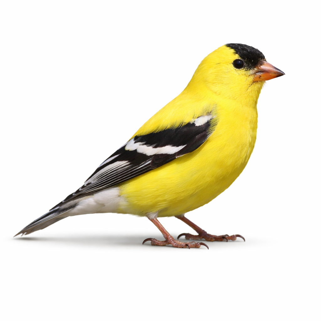 Yellow bird with black and white markings on a white background