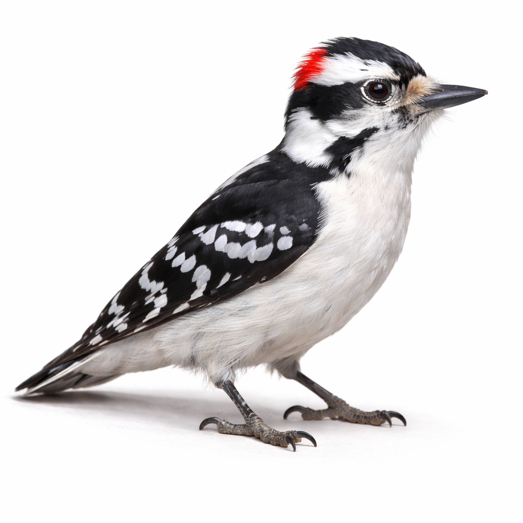 Black and white bird with a red spot on its head against a white background