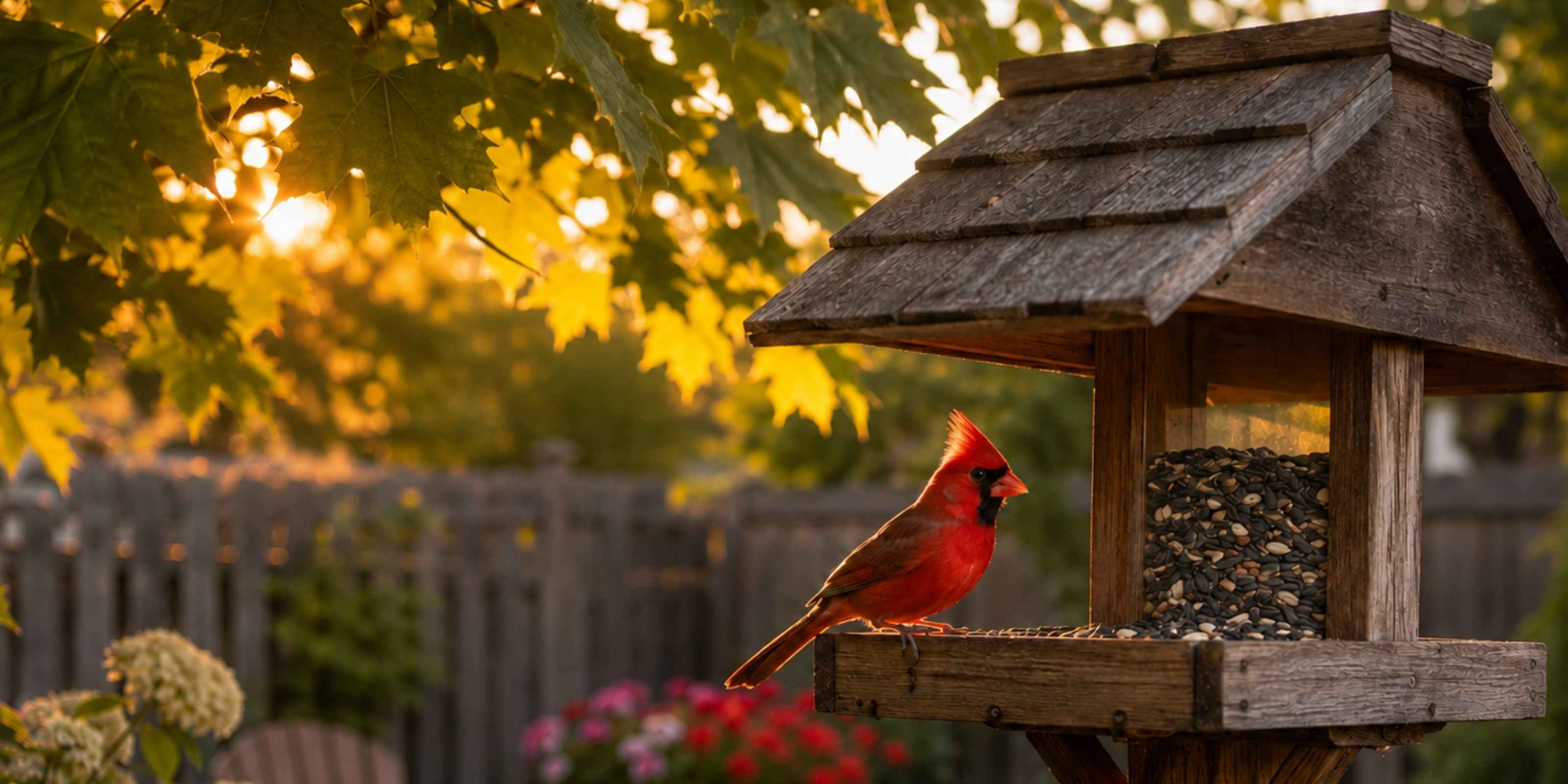 A northern cardinal perched on a wooden bird feeder in warm golden-hour light.